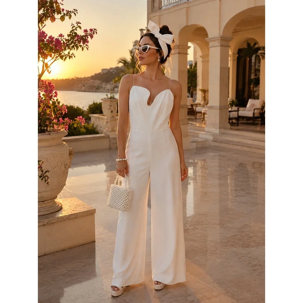 Amanda Uprichard White Wide Leg Jumpsuit Sculptural Neckline Bridal Size S